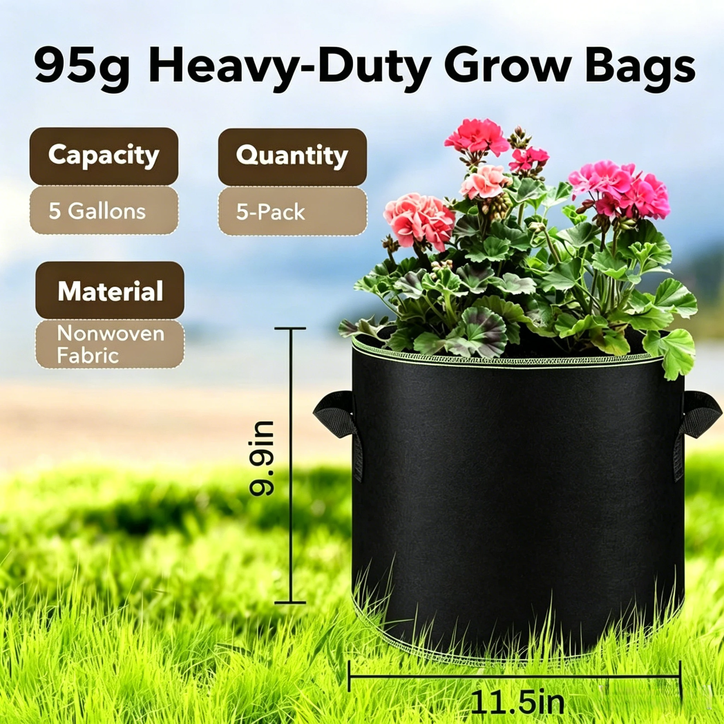 🔥 Hot Sale 69% OFF 🌱5 Pieces 5 Gallon Grow Bag Heavy Duty Aeration Fabric Pots with Handles for Vegetables, Fruits 🪴