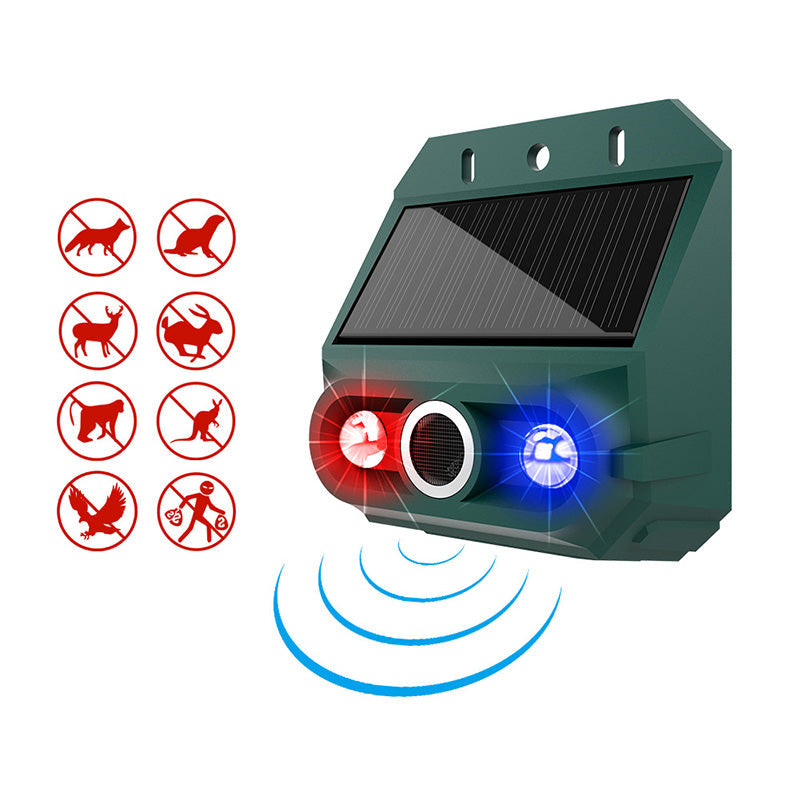 Solar Animal Repeller — Ultrasonic + Flashing Light, IP55 Weatherproof